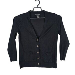 Womens Grace Elements Black Cardigan Sweater Button Up V Neck Front Pockets L